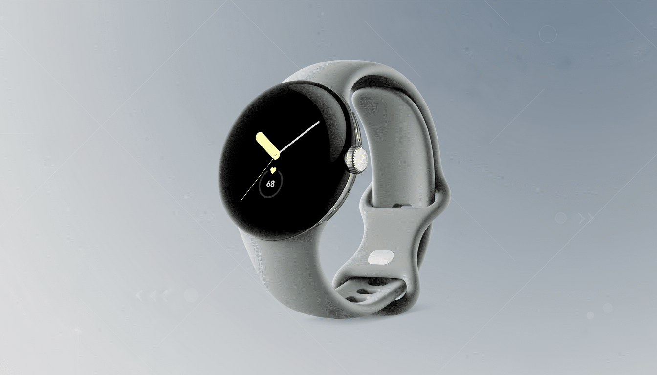 A Google Pixel Watch with a gray band is centered on a professional flat design background with soft gray gradients and subtle geometric patterns.