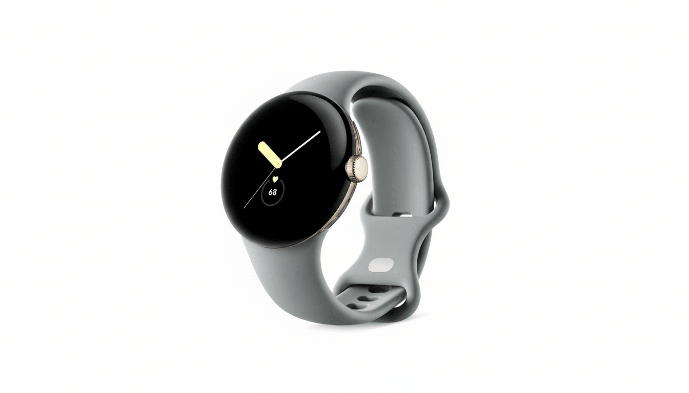 A Google Pixel Watch with a gray band and a black watch face displaying the time and a heart rate of 68, presented on a clean white background.