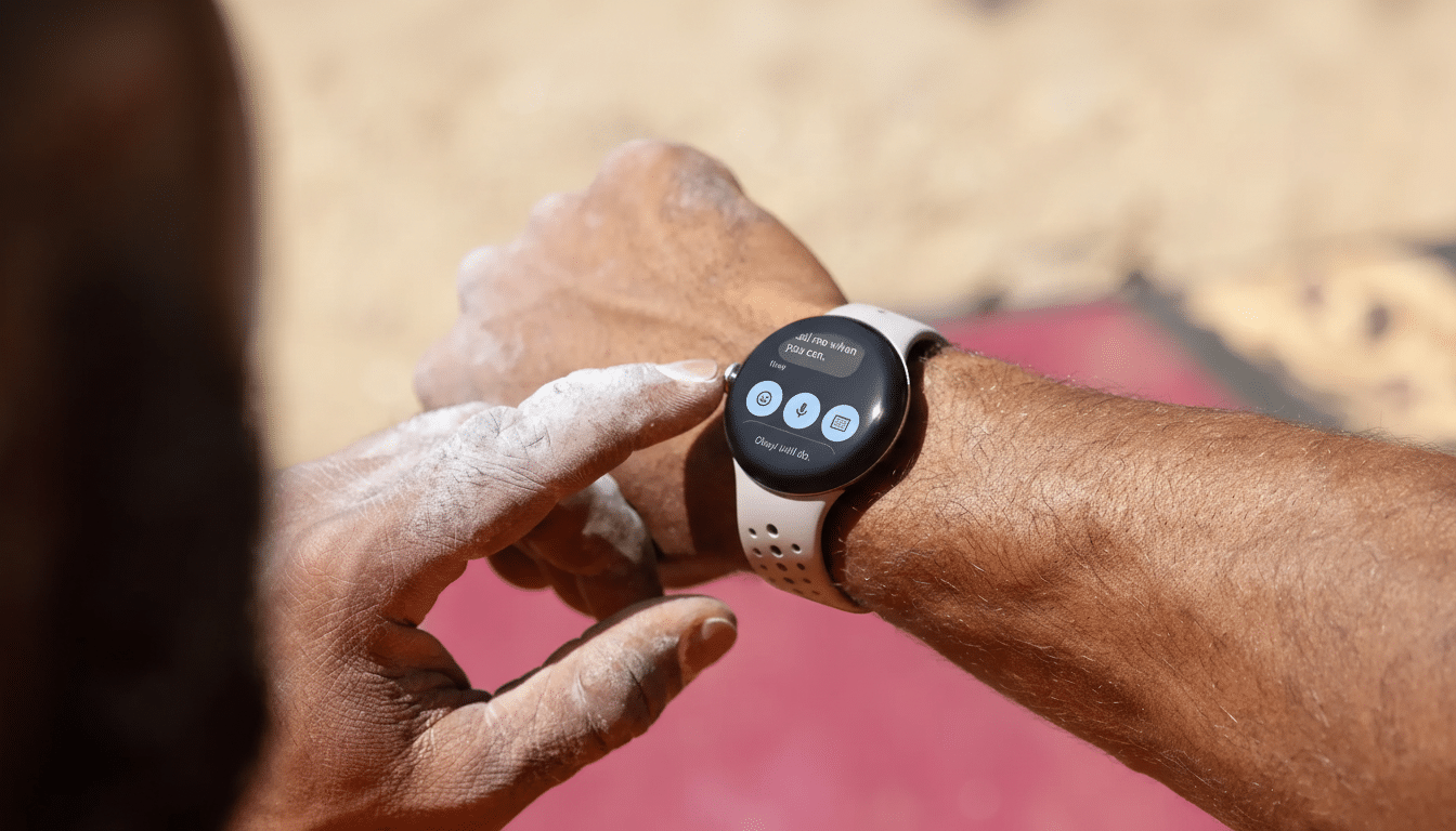 A persons hands, one of which is wearing a smartwatch, are covered in white chalk. The person is interacting with the smartwatch screen.