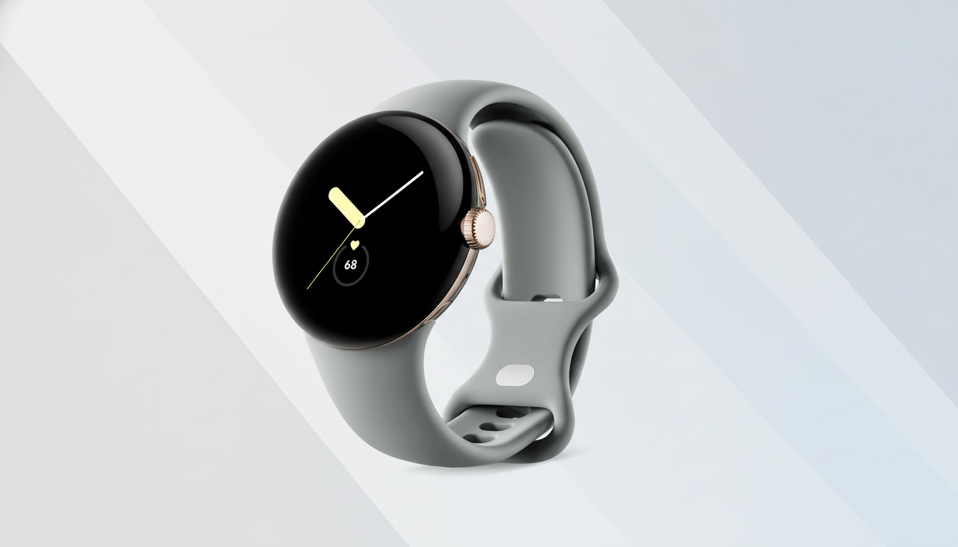 A Google Pixel Watch with a gray band and a black screen displaying a white and yellow clock face and the number 68, set against a professional flat design background with soft gray gradients.
