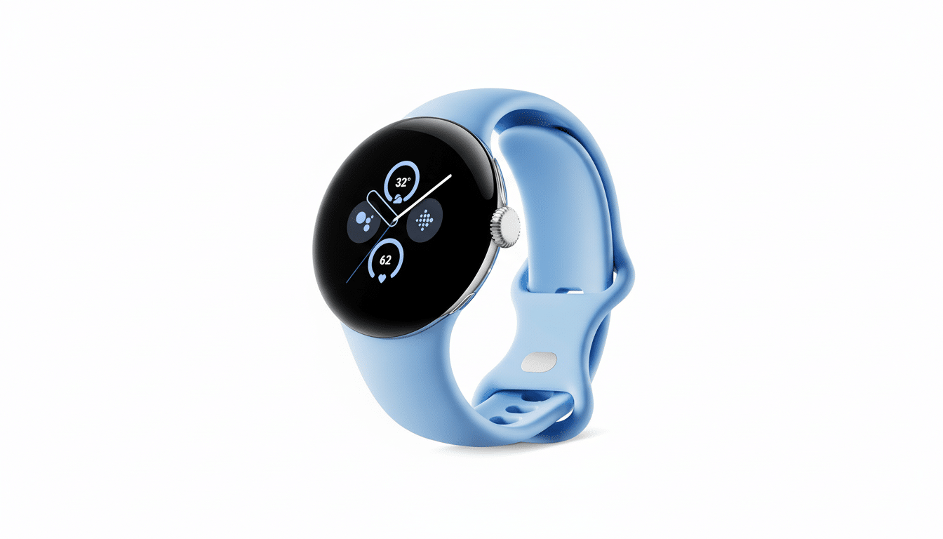 A light blue Google Pixel Watch with a black screen displaying various icons and numbers, set against a clean white background.