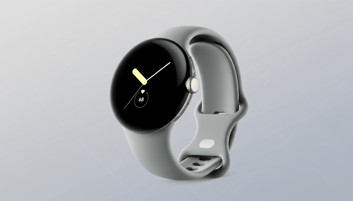 A Google Pixel Watch with a gray band and a black watch face displaying a yellow hour hand, a white minute hand, and the number 68, set against a professional flat design background with soft gray gradients.