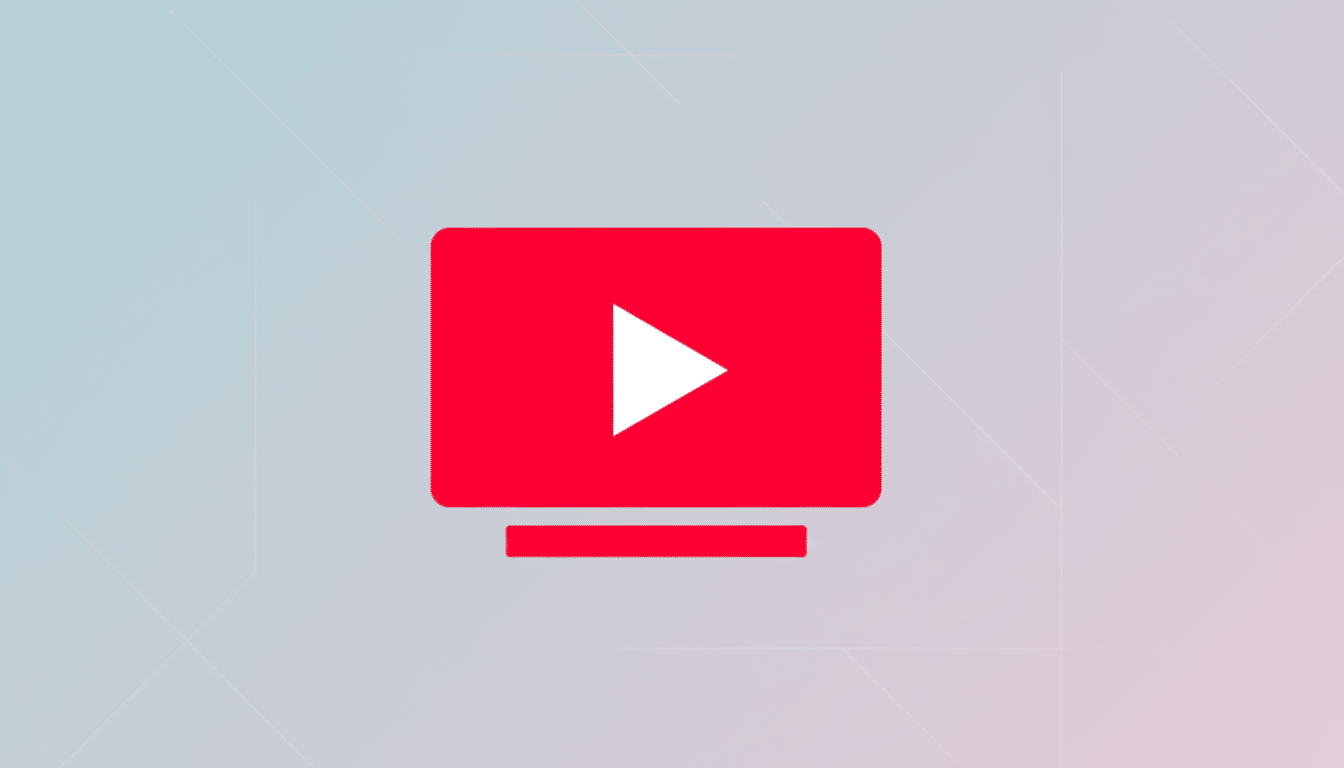 A red YouTube TV icon with a white play button on a professional flat design background with soft patterns and gradients.