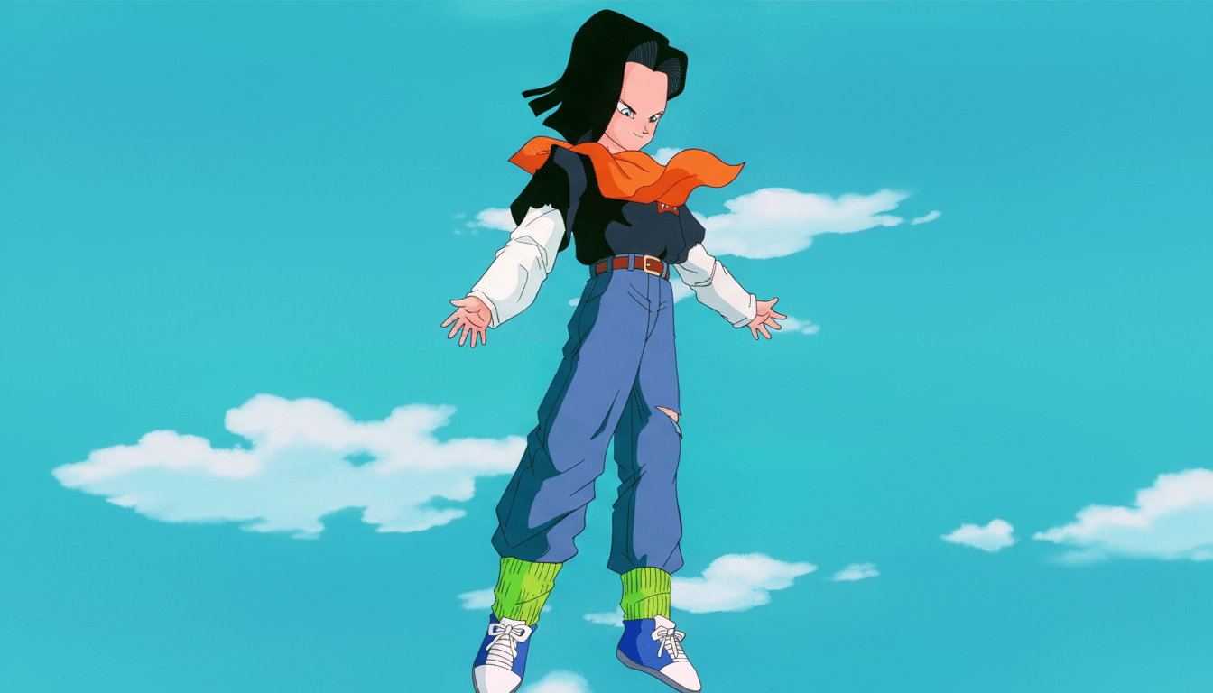 Android 17 from Dragon Ball Z, standing with arms outstretched against a blue sky with white clouds, resized to a 16:9 aspect ratio.