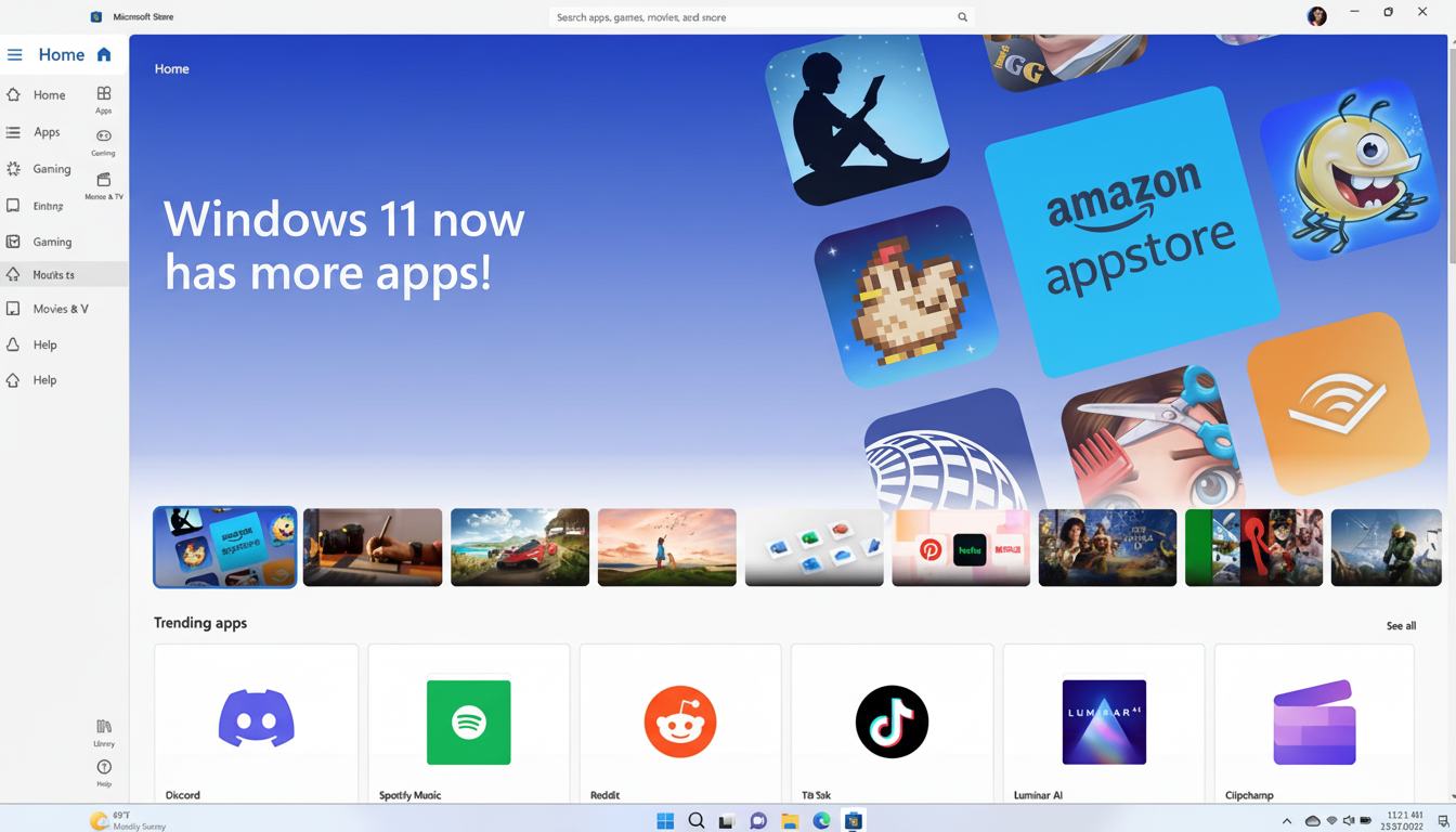 A screenshot of the Microsoft Store interface, showcasing various apps and a banner that reads Windows 11 now has more apps!.