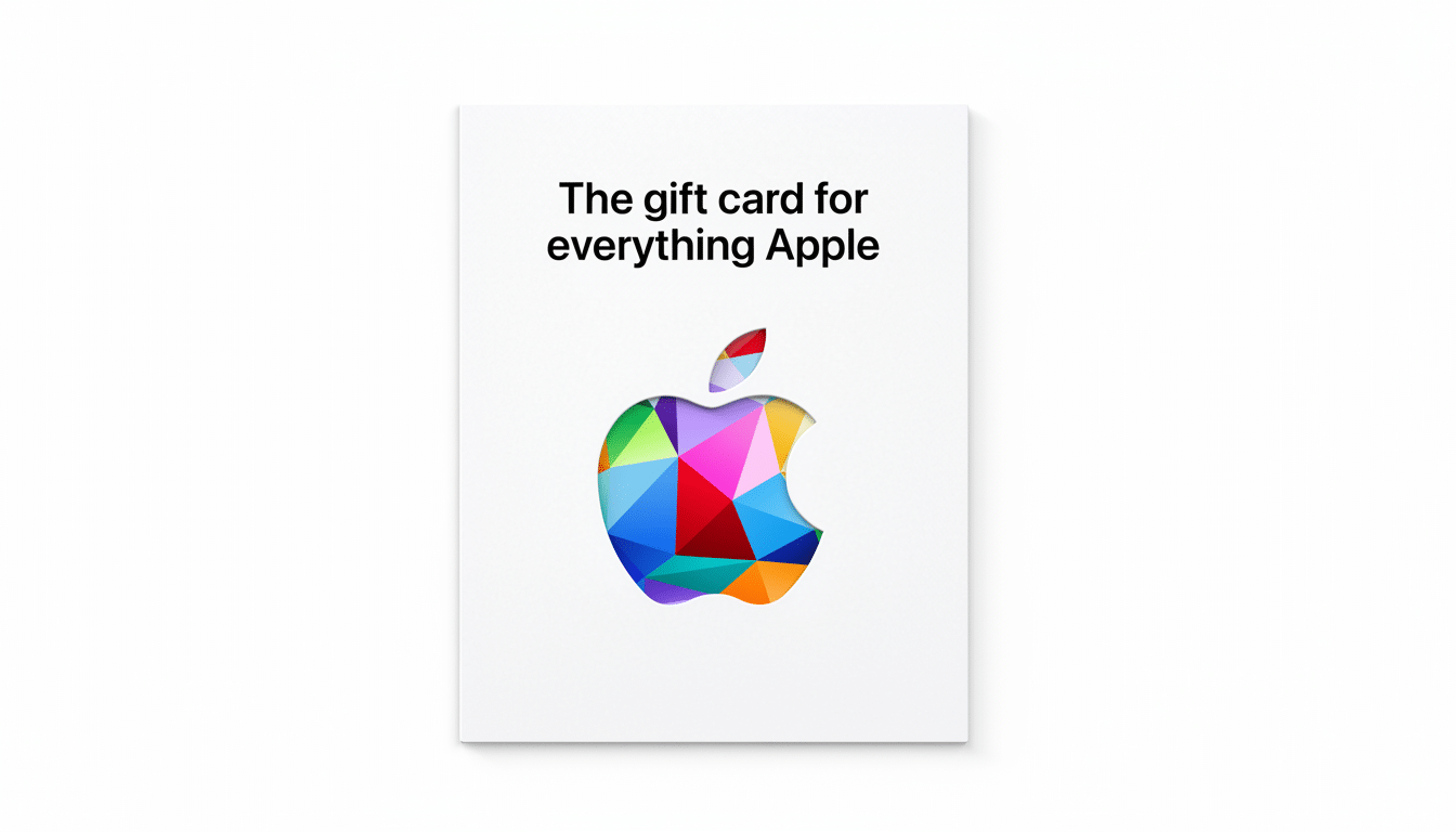 An Apple gift card with a colorful, geometric Apple logo cutout, presented on a white background with a subtle shadow, resized to a 16:9 aspect ratio.