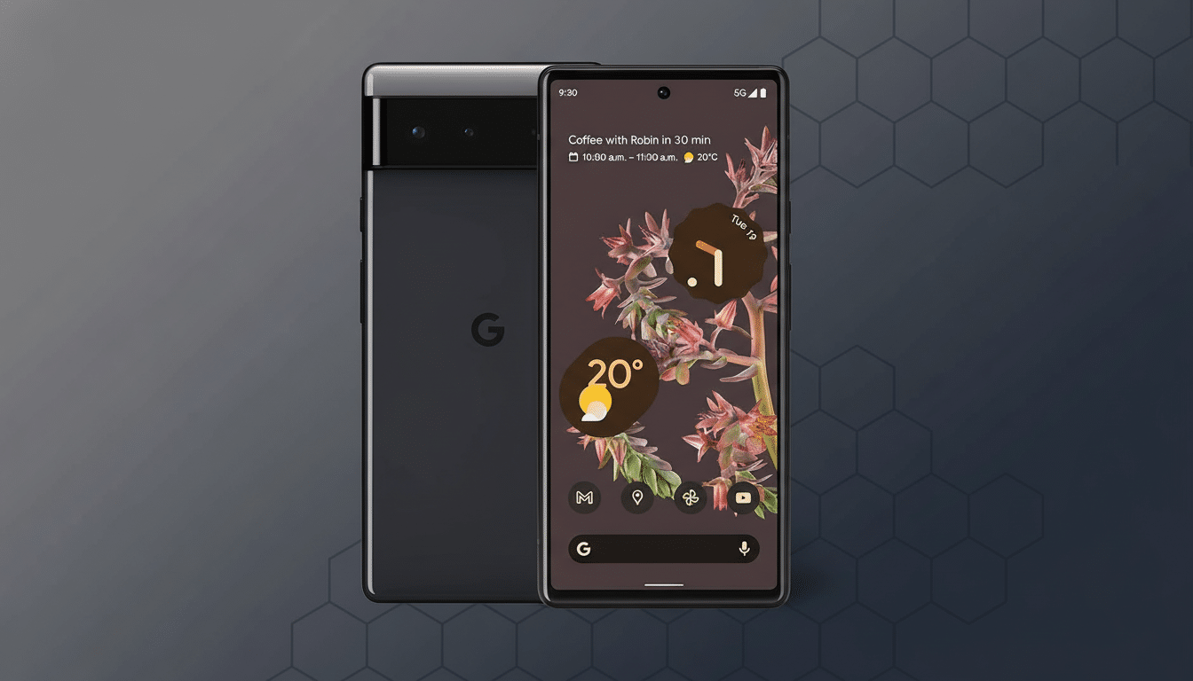 A Google Pixel 6 smartphone in black, shown from the front and back, against a professional dark gray background with a subtle hexagonal pattern.