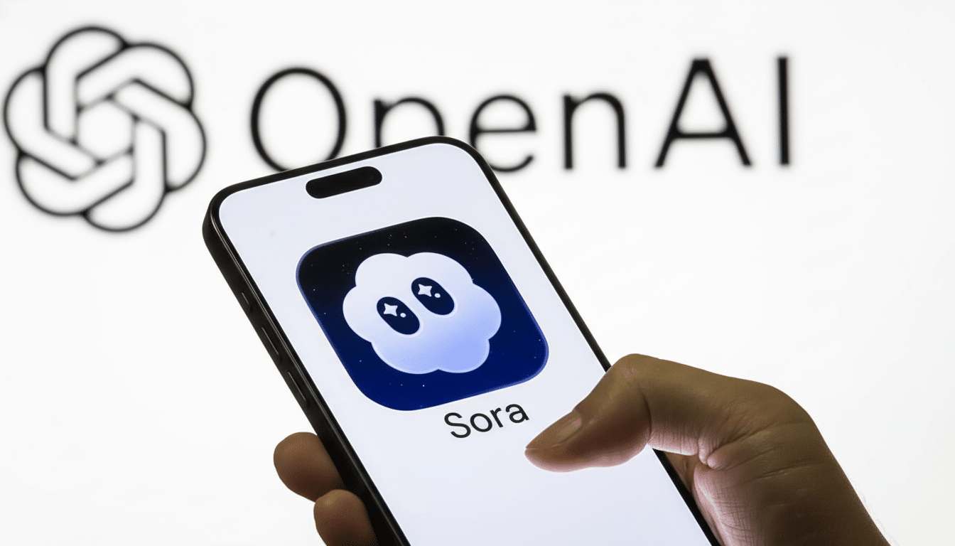 A hand holding a smartphone displaying the Sora app icon, with the OpenAI logo visible in the background.