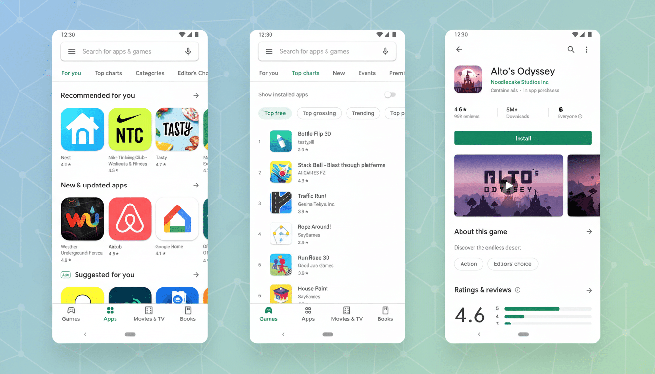 A professional, enhanced image of three mobile phone screens displaying different sections of an app store, resized to a 16:9 aspect ratio with a subtle geometric background.