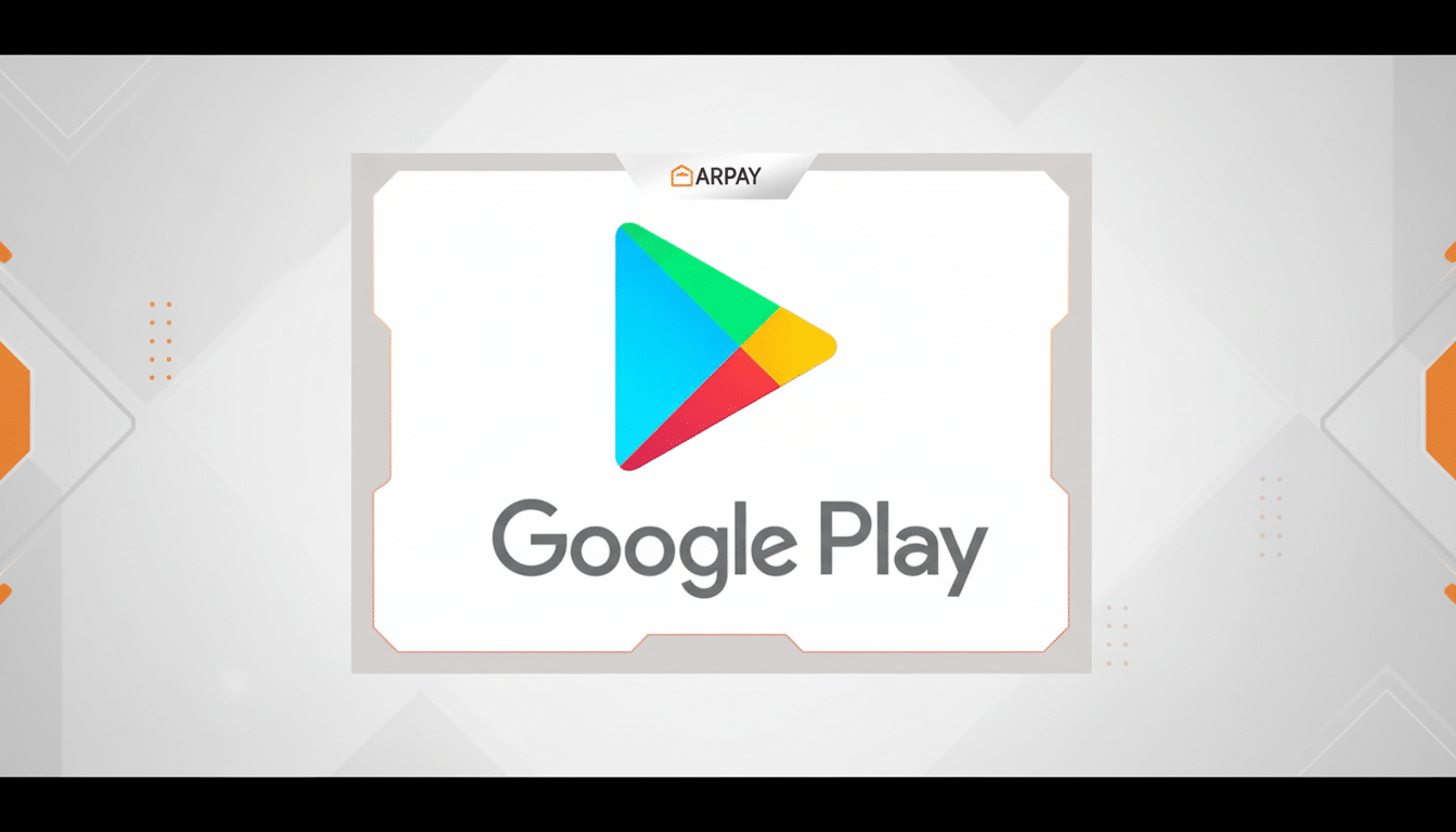 The Google Play logo and text on a white background, framed by a stylized border, set against a dark background with subtle geometric patterns.
