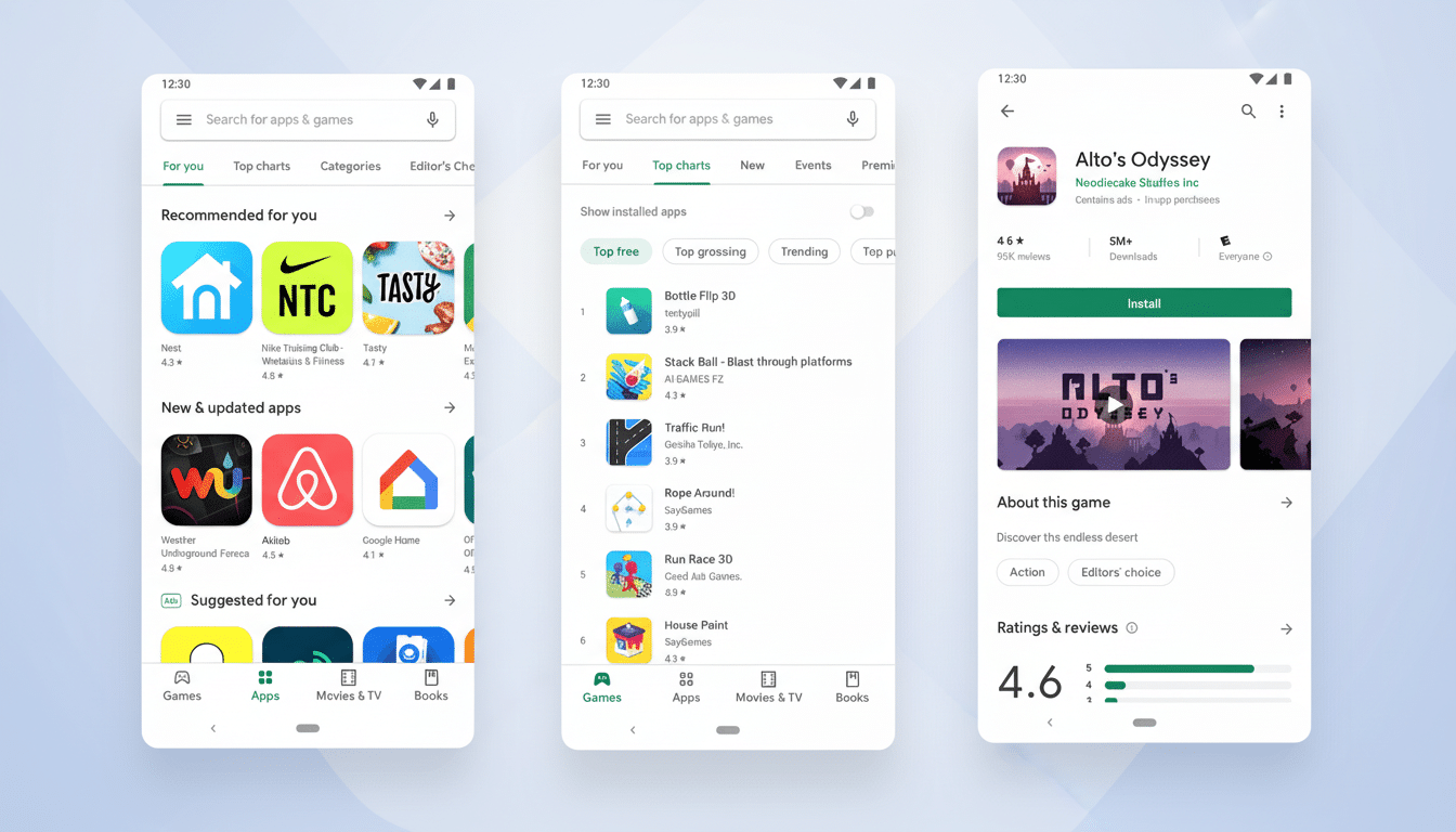 A 16:9 aspect ratio image showing three screenshots of the Google Play Store interface. The first screenshot shows the For you tab with recommended apps. The second shows the Top charts tab with a list of top free games. The third shows the app page for Altos Odyssey with details and an install button.