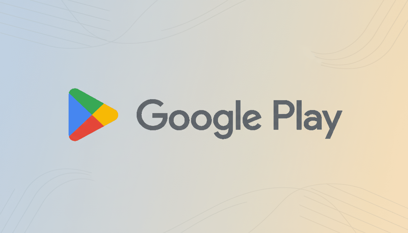 The Google Play logo, featuring a colorful triangular play button icon and the words Google Play in gray text, set against a professional flat design background with soft blue and orange gradients and subtle wave patterns.