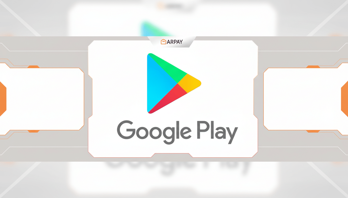 The Google Play logo and text Google Play centered on a white background, with a blurred, professional flat design background in a 16:9 aspect ratio.