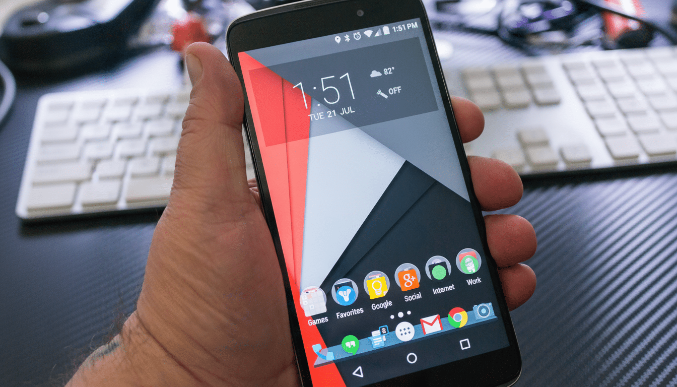 A hand holding a smartphone displaying the home screen with various app icons and a digital clock.