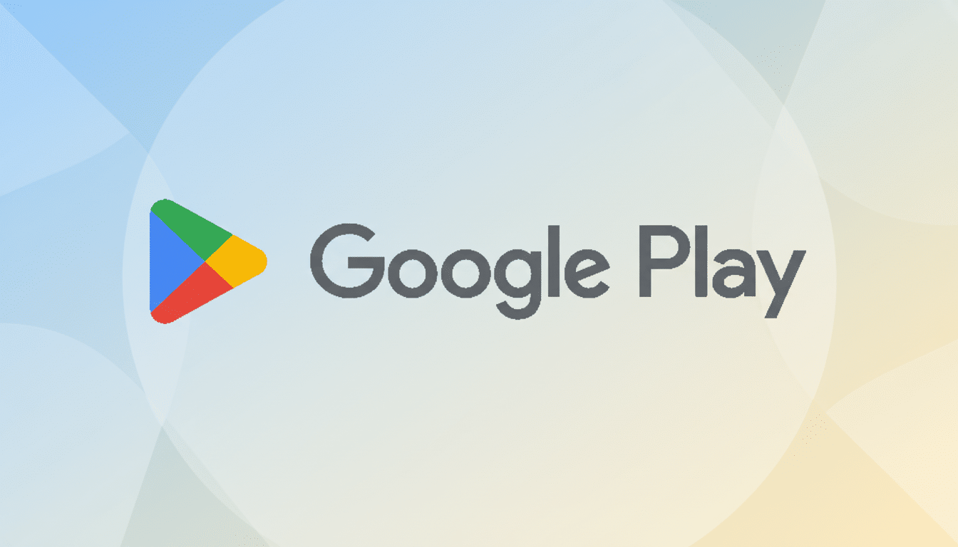 The Google Play logo, featuring a colorful triangular play button icon and the words Google Play in gray, set against a professional flat design background with soft blue and yellow gradients and subtle geometric patterns.