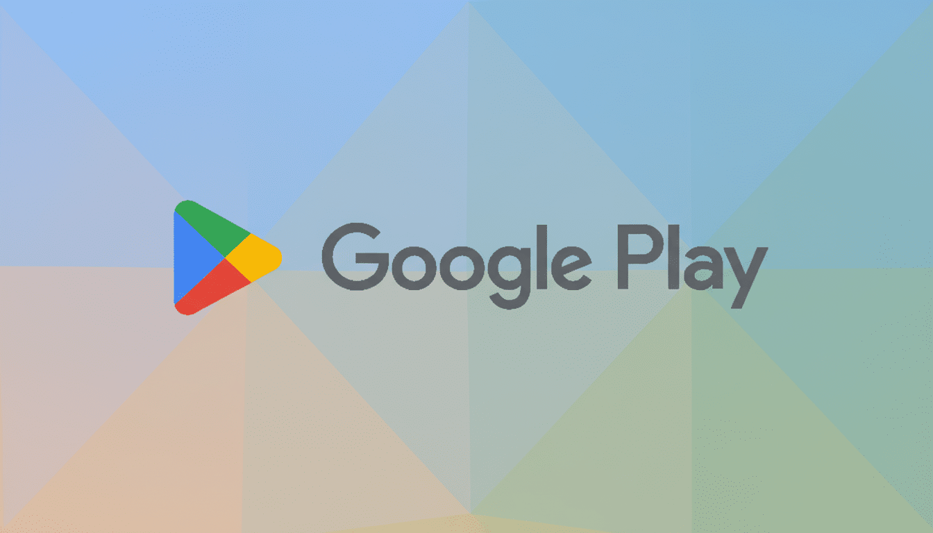 The Google Play logo, featuring a colorful triangular play button icon and the text Google Play in gray, set against a professional flat design background with soft, geometric patterns and gradients in muted blues, greens, and oranges.