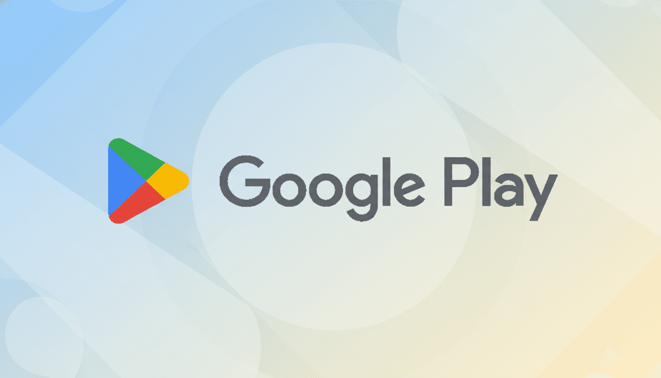 The Google Play logo, featuring a colorful triangular play button icon and the words Google Play in gray text, set against a professional flat design background with soft blue and yellow gradients and subtle geometric patterns.