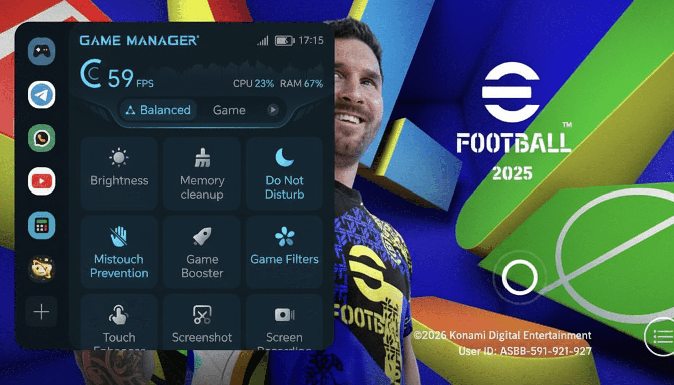 A mobile phone screen displaying the Game Manager overlay with various settings like FPS, CPU usage, brightness, and game filters, superimposed over the eFootball 2025 game interface featuring a smiling Lionel Messi.