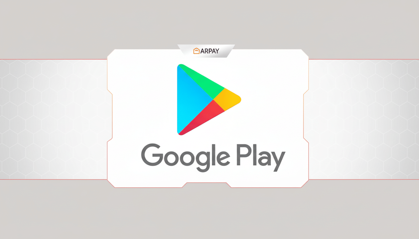 The Google Play logo and text Google Play centered on a white rectangular panel with a subtle gray hexagonal pattern background, and an ARPAY logo at the top.