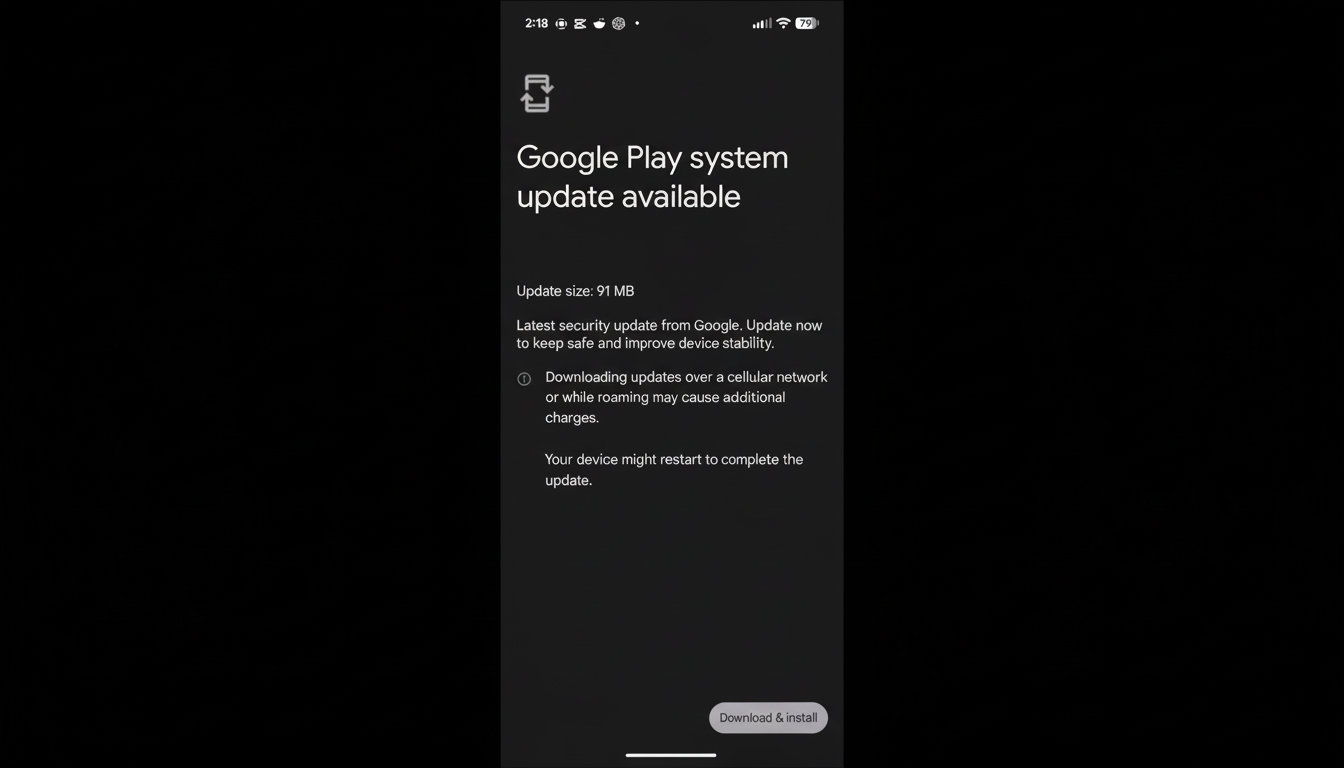 A screenshot of a Google Play system update notification on a dark background, resized to a 16:9 aspect ratio.