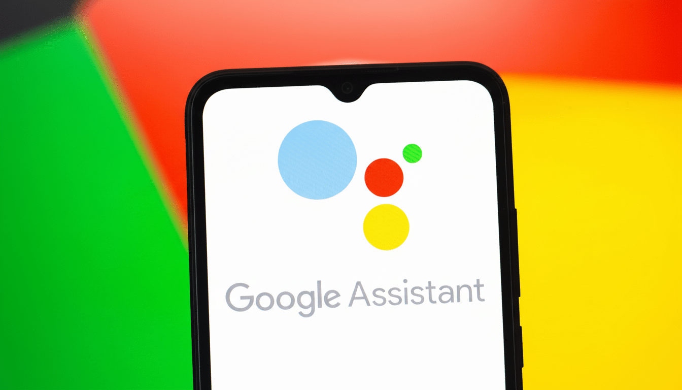 A smartphone displaying the Google Assistant logo and text on its screen, set against a blurred background of red, green, and yellow.