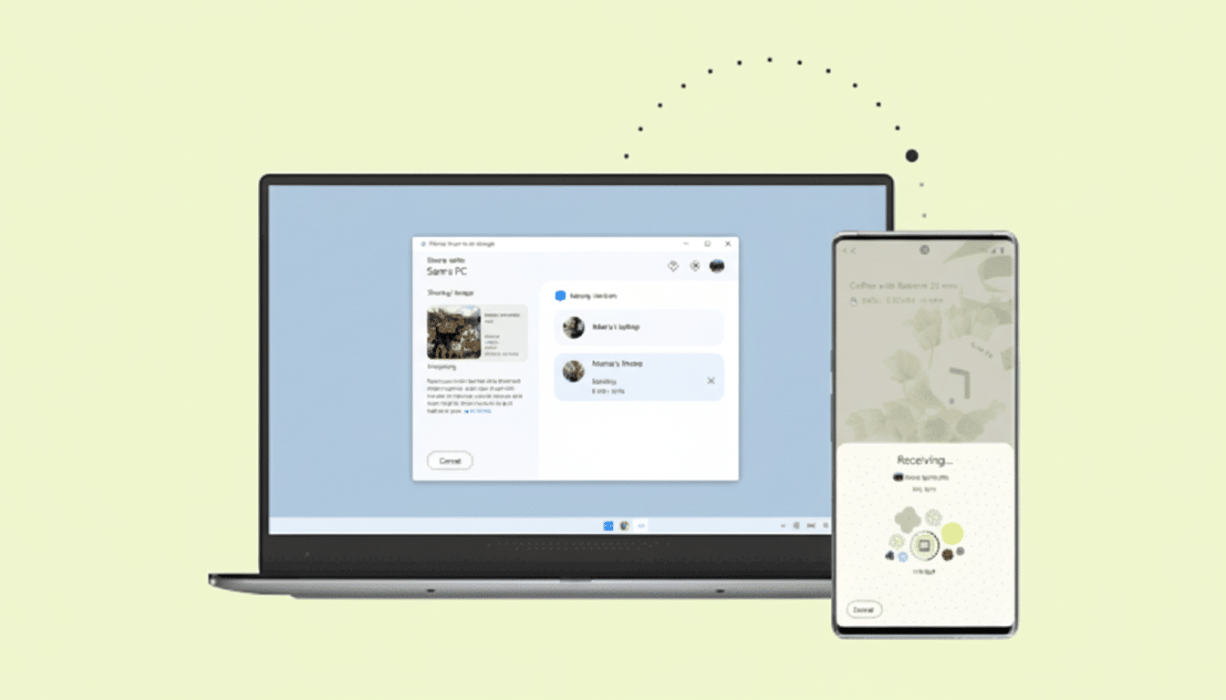A laptop and a smartphone displaying file sharing interfaces, with a dotted arc connecting them, all set against a light green background.