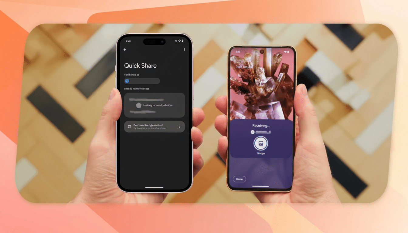 Two hands holding smartphones, one displaying Quick Share and the other Receiving, demonstrating a file transfer between devices.