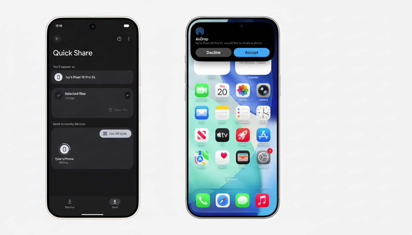 A side-by-side comparison of a Google Pixel phone displaying a Quick Share screen and an iPhone displaying an AirDrop notification.