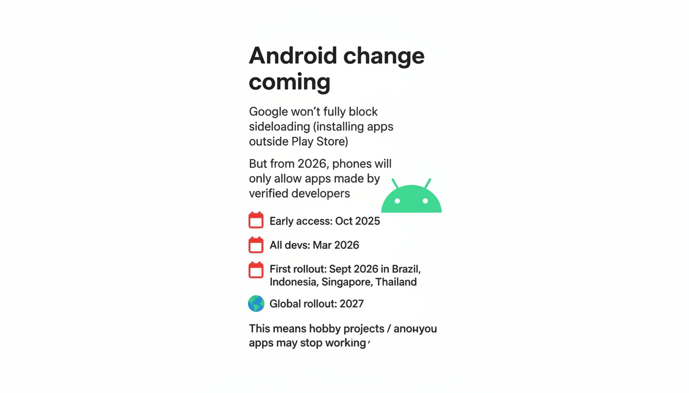 An image with the title Android change coming detailing Googles plan to allow only apps made by verified developers from 2026, with a timeline for rollout.