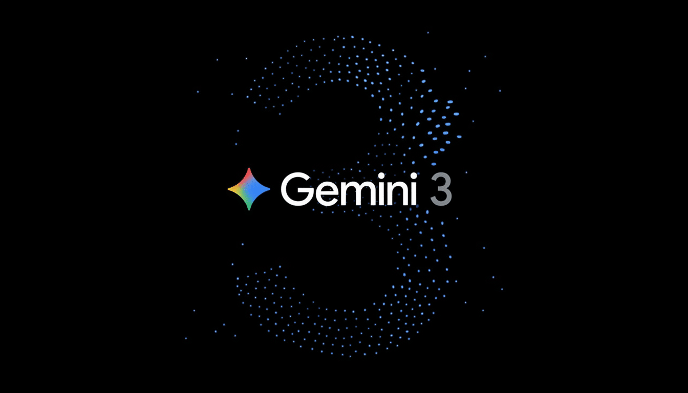 The Gemini 3 logo, featuring a colorful star icon and the text Gemini 3 in white, against a black background with a large, dotted blue number 3 subtly behind the text.