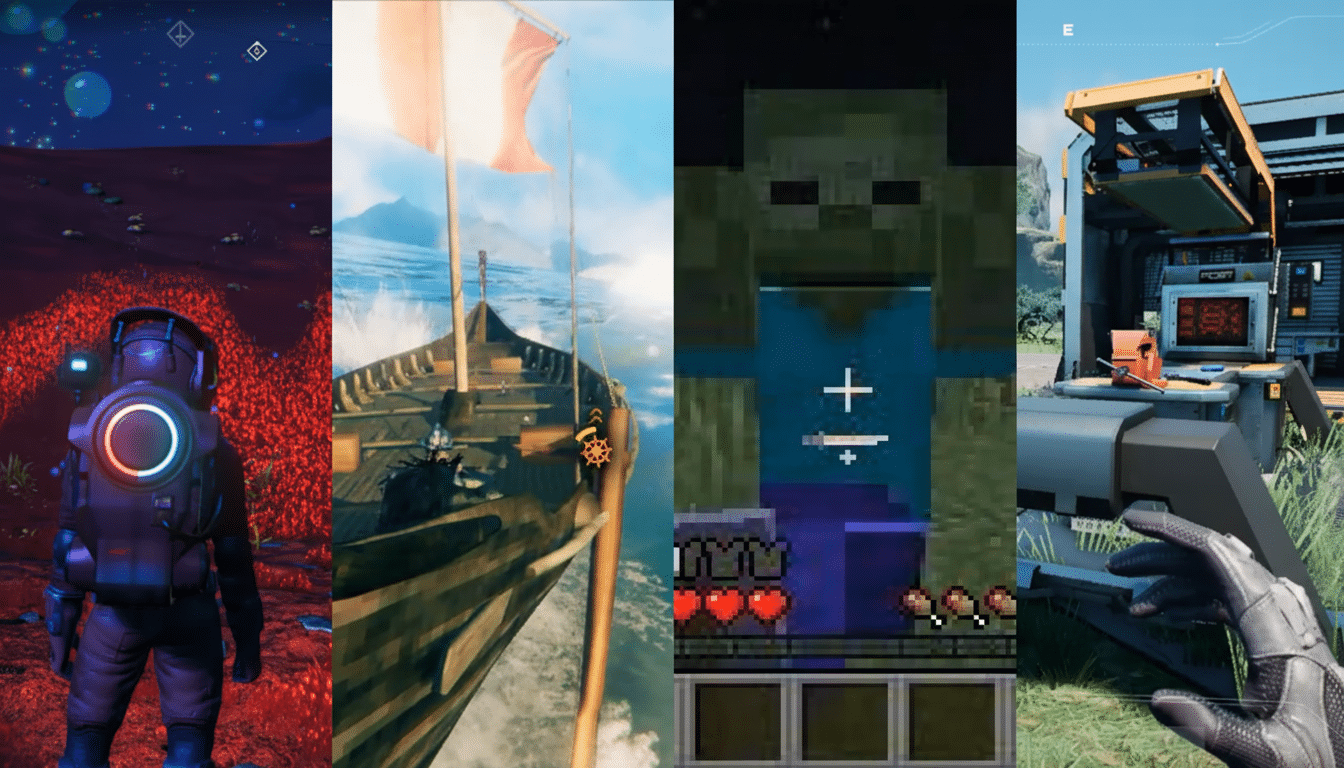A collage of four video game screenshots, each depicting a different game. From left to right: an astronaut on a red alien planet, a Viking ship on a stormy sea, a Minecraft zombie, and a first-person view of a futuristic device.