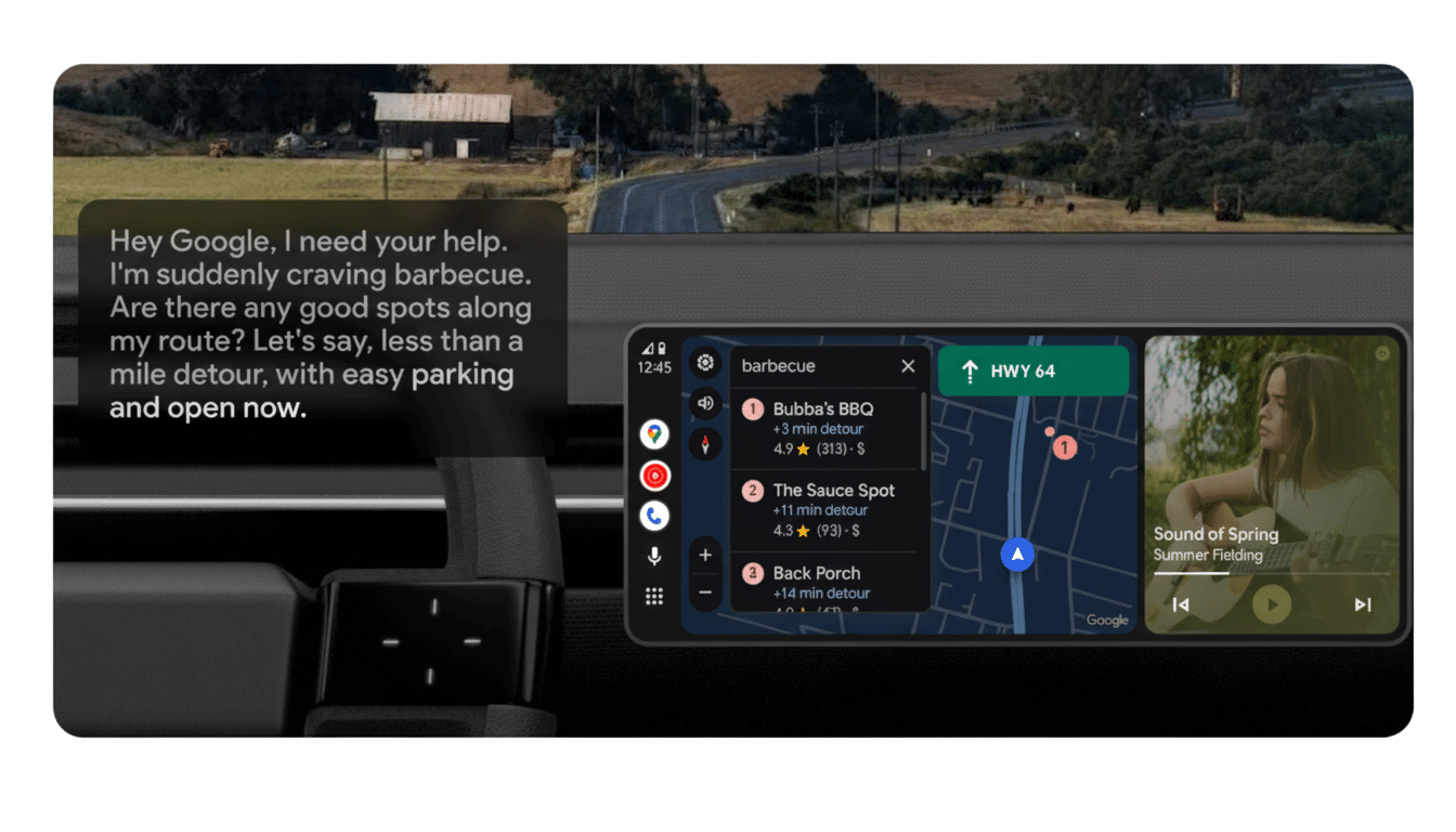 A cars infotainment system displaying Google Maps with a search for barbecue along the route, showing three results, and a music player on the right.