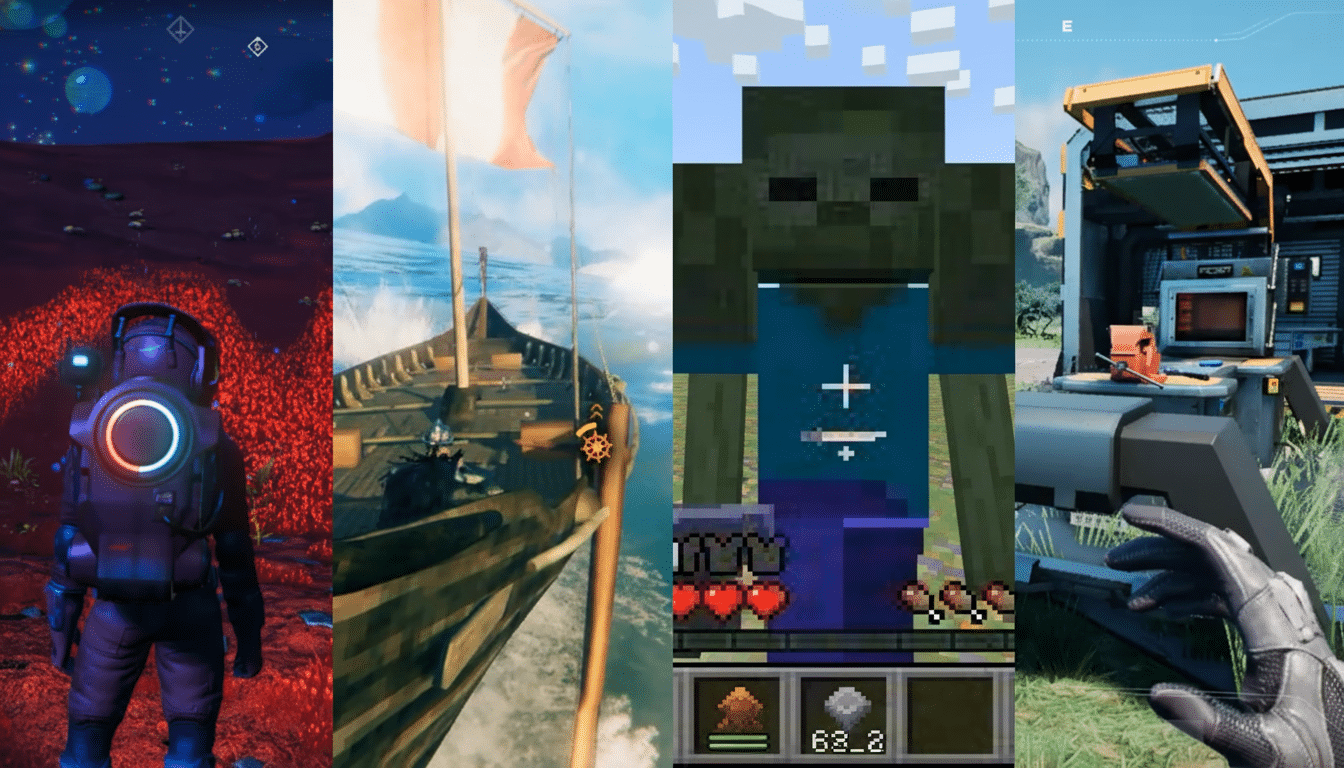 A collage of four video game screenshots, each depicting a different game. From left to right: an astronaut on a red alien planet, a Viking ship on a stormy sea, a Minecraft zombie, and a first-person view of a futuristic tool in a grassy environment.