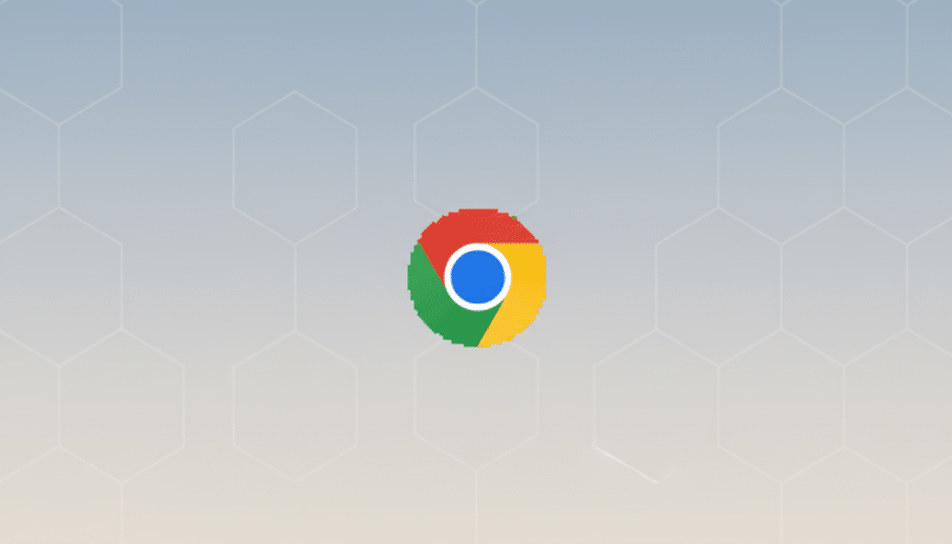 The Google Chrome logo centered on a professional flat design background with soft hexagonal patterns and a gradient from light blue to light orange.