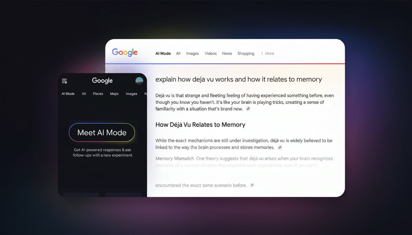 A Google search interface displaying a query about déjà vu and its relation to memory, with a mobile interface on the left showing Meet AI Mode.