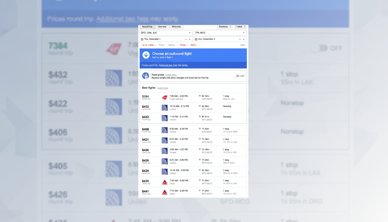 A screenshot of a flight search results page, resized to a 16:9 aspect ratio with a blurred background. The central content, displaying various flight options and prices, remains clear and unchanged.