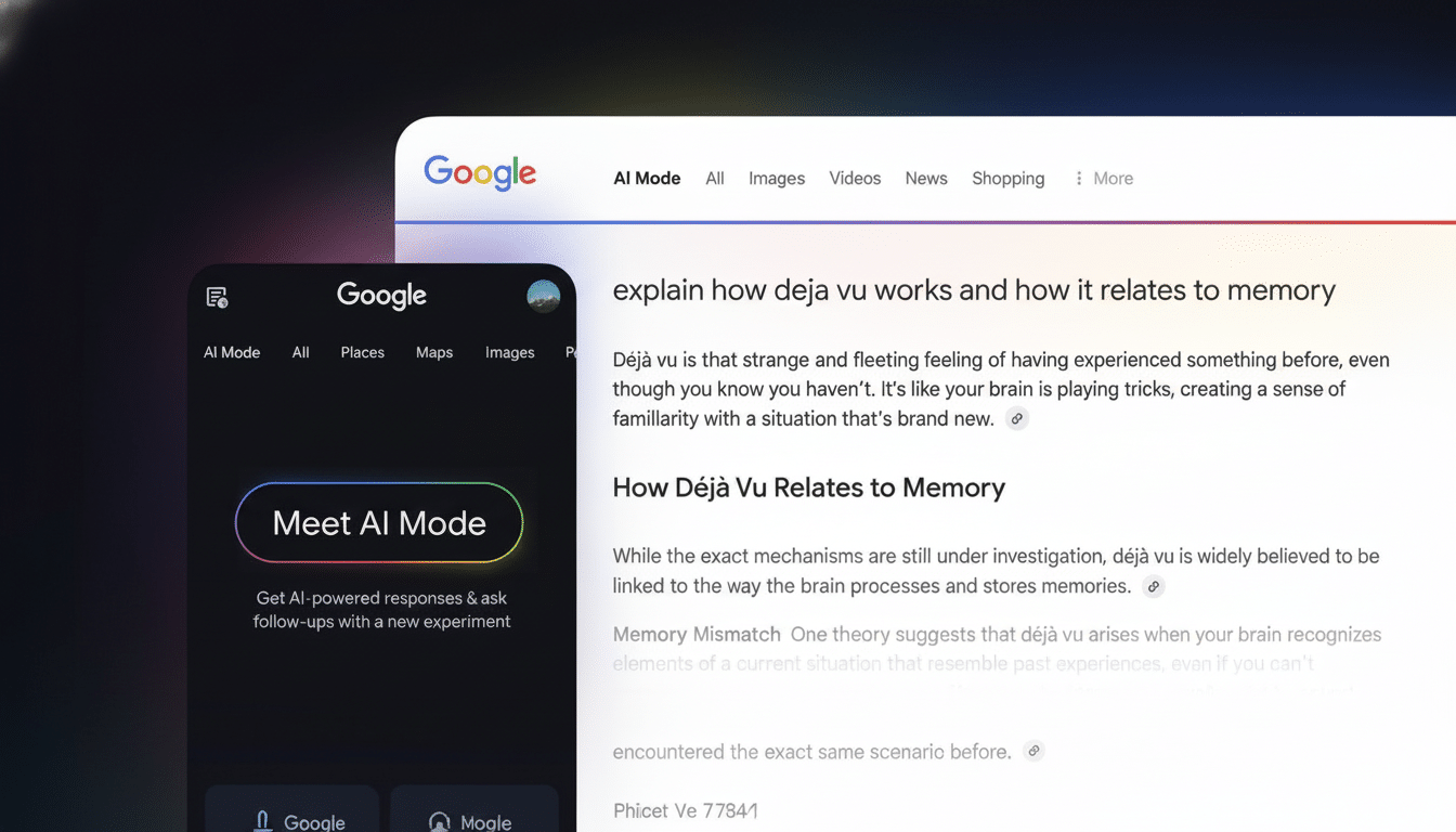 A Google search interface displaying information about déjà vu, with a mobile phone showing Meet AI Mode in the foreground.