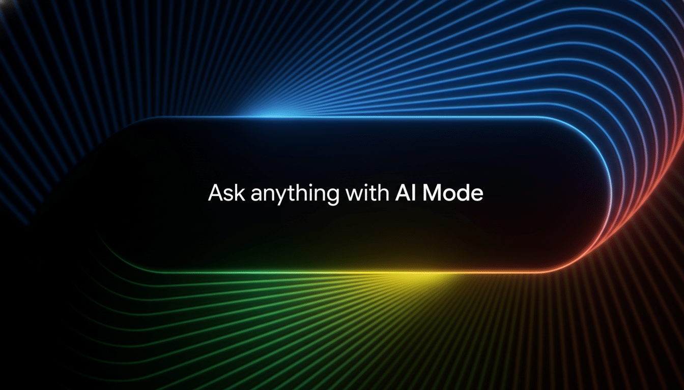 The image has been resized to a 16:9 aspect ratio, maintaining the original background of glowing neon lines in blue, red, and green against a dark backdrop. A central black rounded rectangle contains the white text Ask anything with AI Mode. The overall presentation is clean and professional, preserving the core subject matter without dramatic changes or reflection effects.