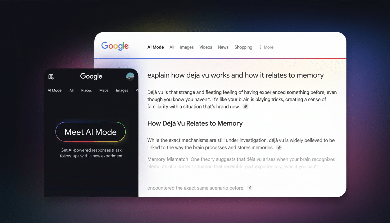 A Google search interface displaying explain how deja vu works and how it relates to memory with a Meet AI Mode prompt on a mobile device overlay.