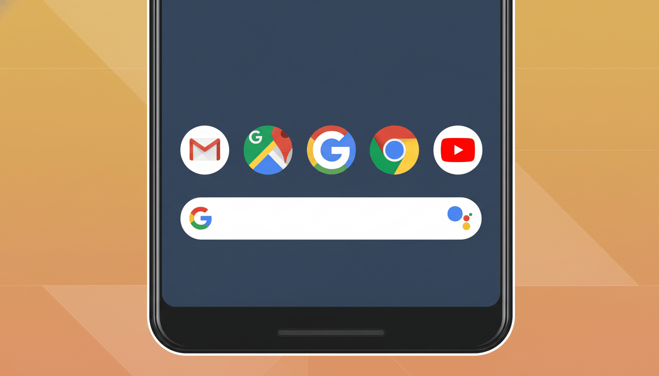 A smartphone screen displaying Google apps and a search bar, with a professional flat design background featuring soft patterns.