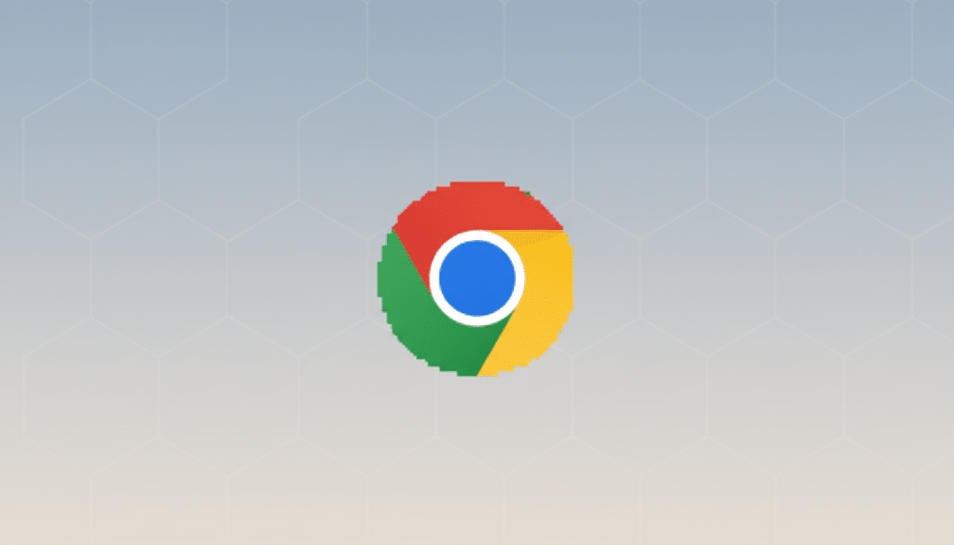 The Google Chrome logo, a colorful circle with red, yellow, and green segments surrounding a blue center, is displayed against a professional light gray background with a subtle hexagonal pattern.