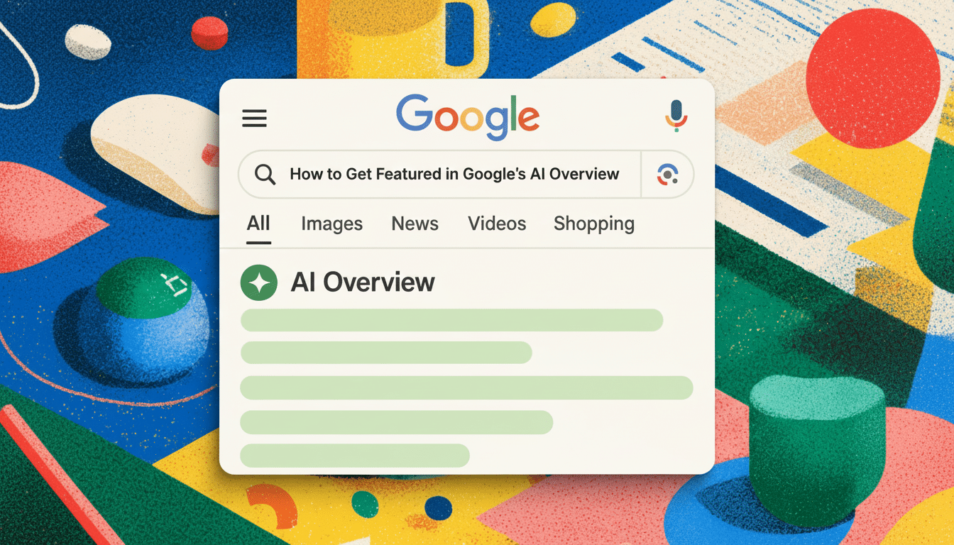 A Google search interface displaying How to Get Featured in Googles AI Overview with results for AI Overview on a colorful, abstract background.