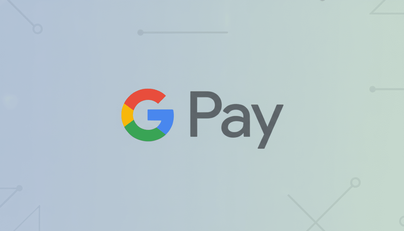 The Google Pay logo, featuring a colorful G and the word Pay in gray, centered on a professional flat design background with soft patterns and gradients.