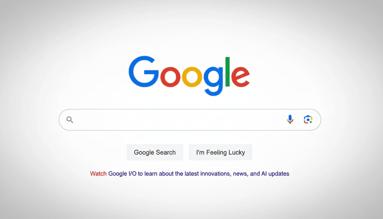 A screenshot of the Google search homepage with the Google logo, search bar, and Google Search and Im Feeling Lucky buttons. Below the buttons, red text reads Watch Google I/O to learn about the latest innovations, news, and AI updates.