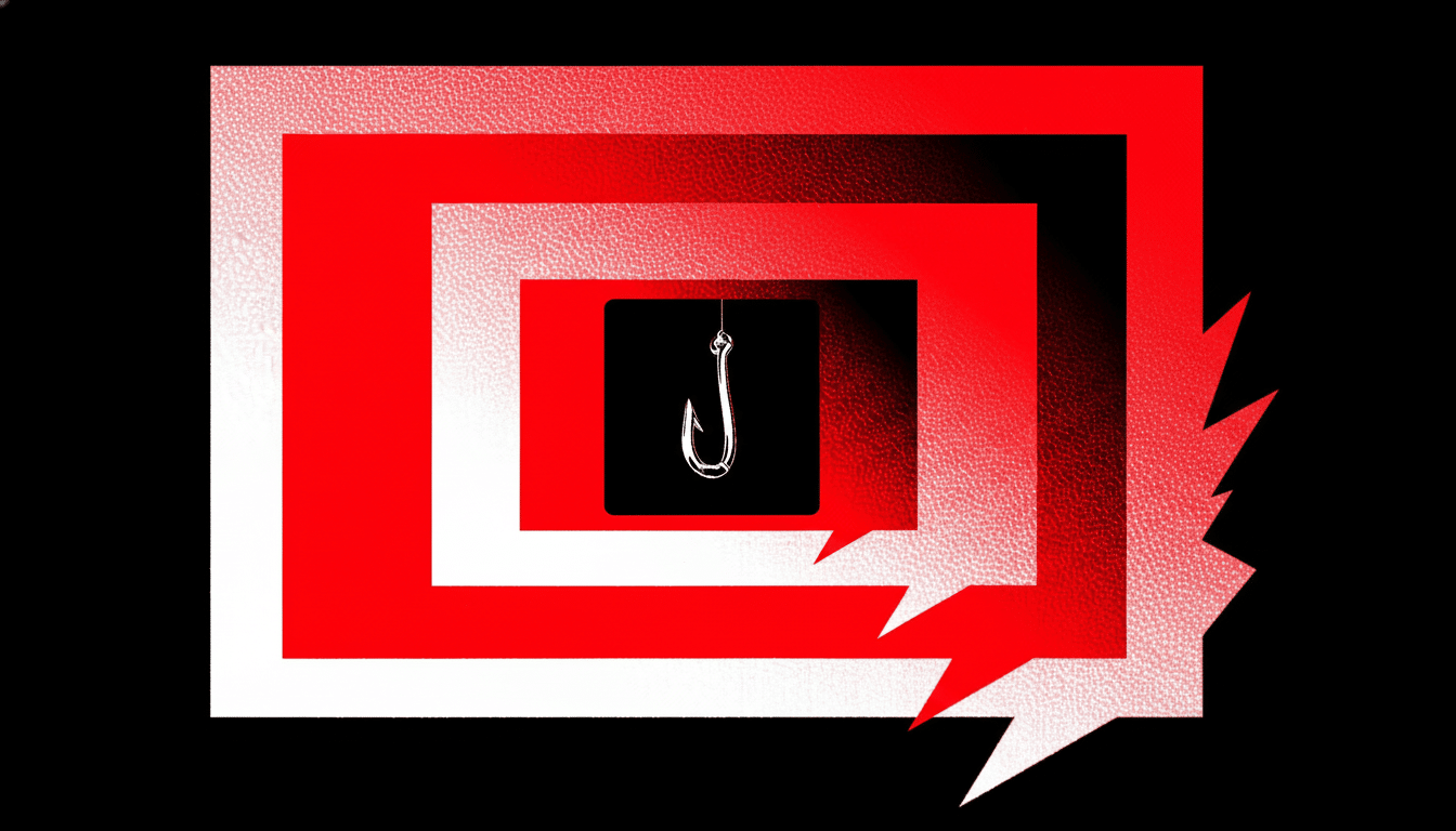 A white fishing hook hangs in the center of a black square, surrounded by concentric red and white squares that recede into a black background.