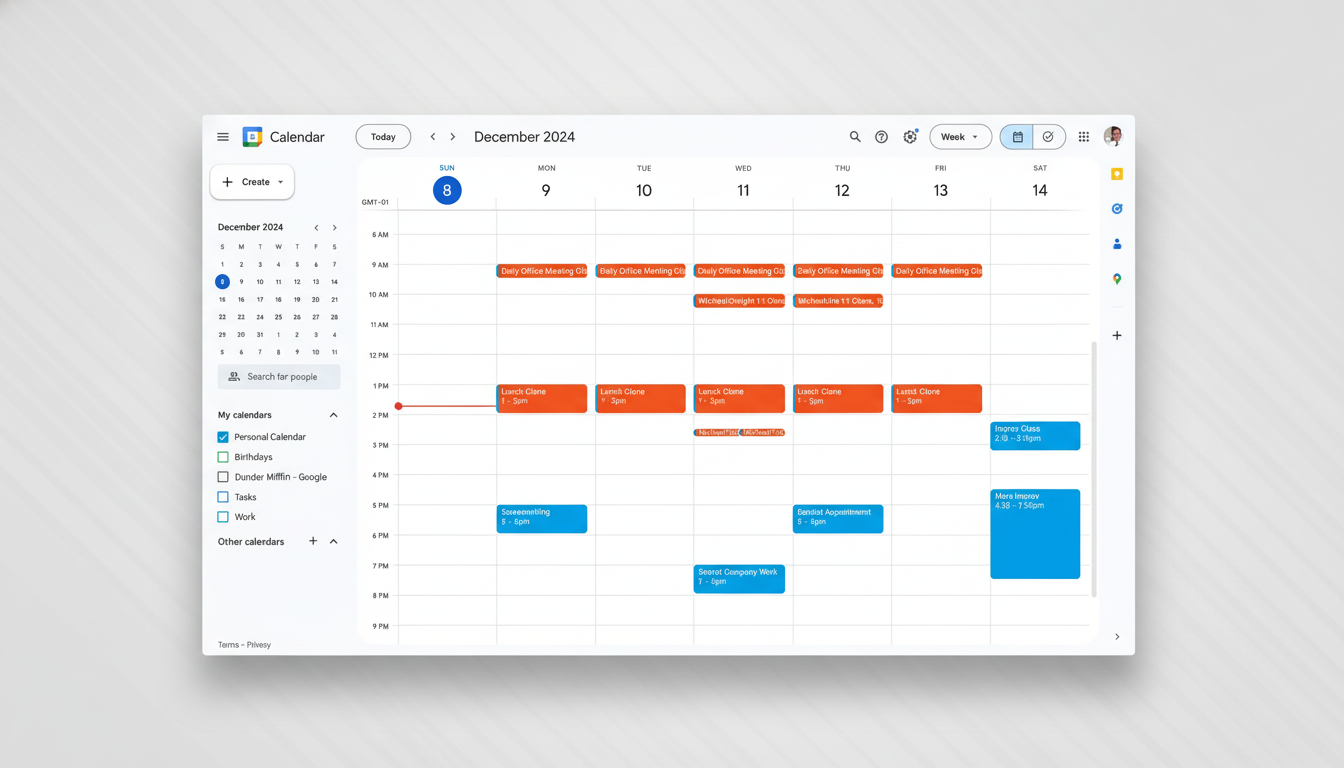 A screenshot of a Google Calendar interface showing the month of December 2024, with various scheduled events like Daily Office Meeting, Lunch, Screenwriting, Dentist Appointment, and More Improv. The calendar is set to a week view, and the current date highlighted is Sunday, December 8th.