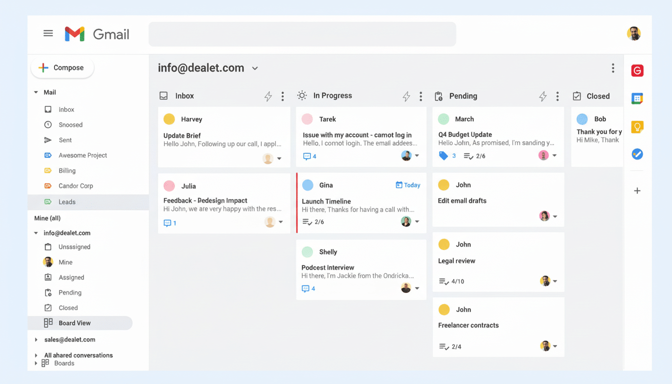 A professional, enhanced image of the Gmail interface in a 16:9 aspect ratio, showing an email board view with various emails categorized into Inbox, In Progress, Pending, and Closed columns.