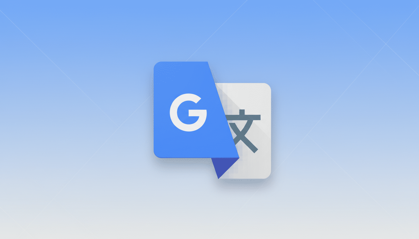 The Google Translate app icon is centered on a light blue background with a subtle gradient and faint diagonal lines. The icon features a blue speech bubble with a white G on the left, overlapping a white document icon with a dark gray character on the right.