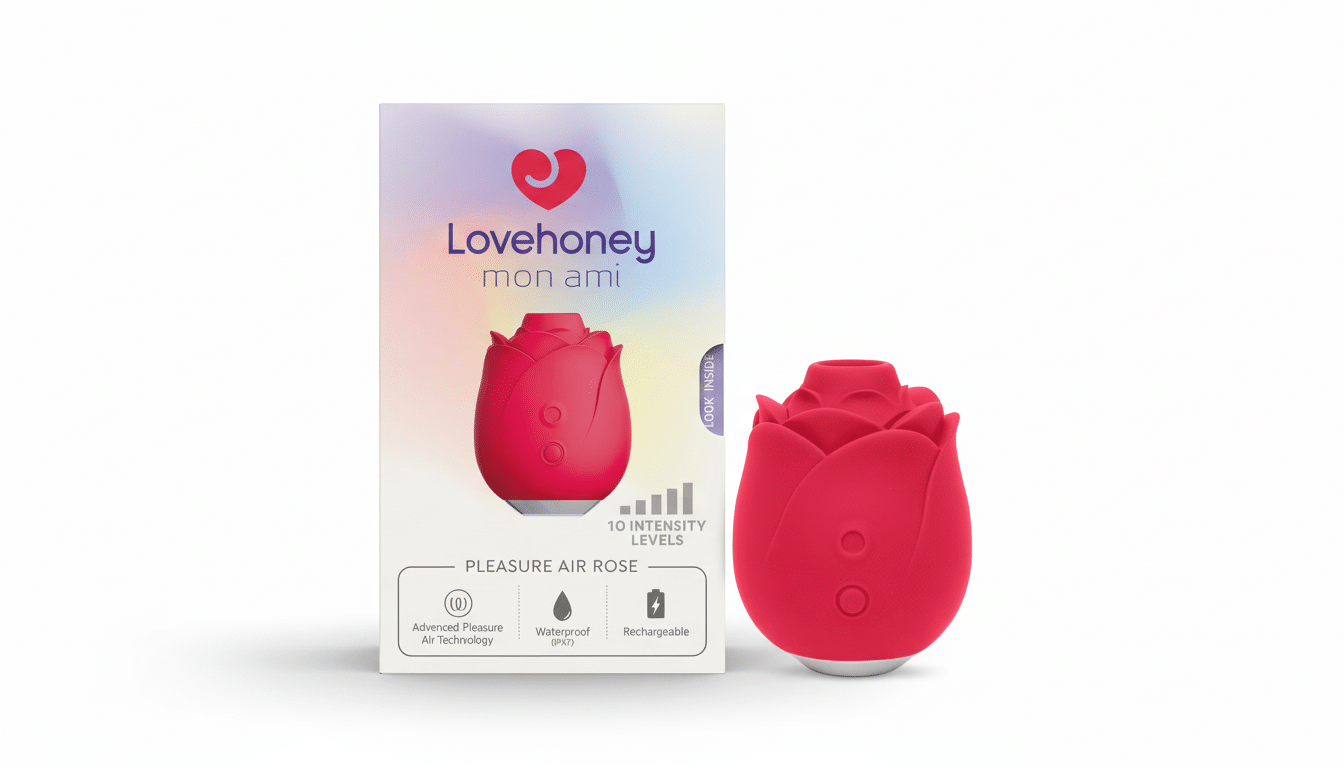 A Lovehoney Mon Ami Pleasure Air Rose product and its packaging, presented on a white background.