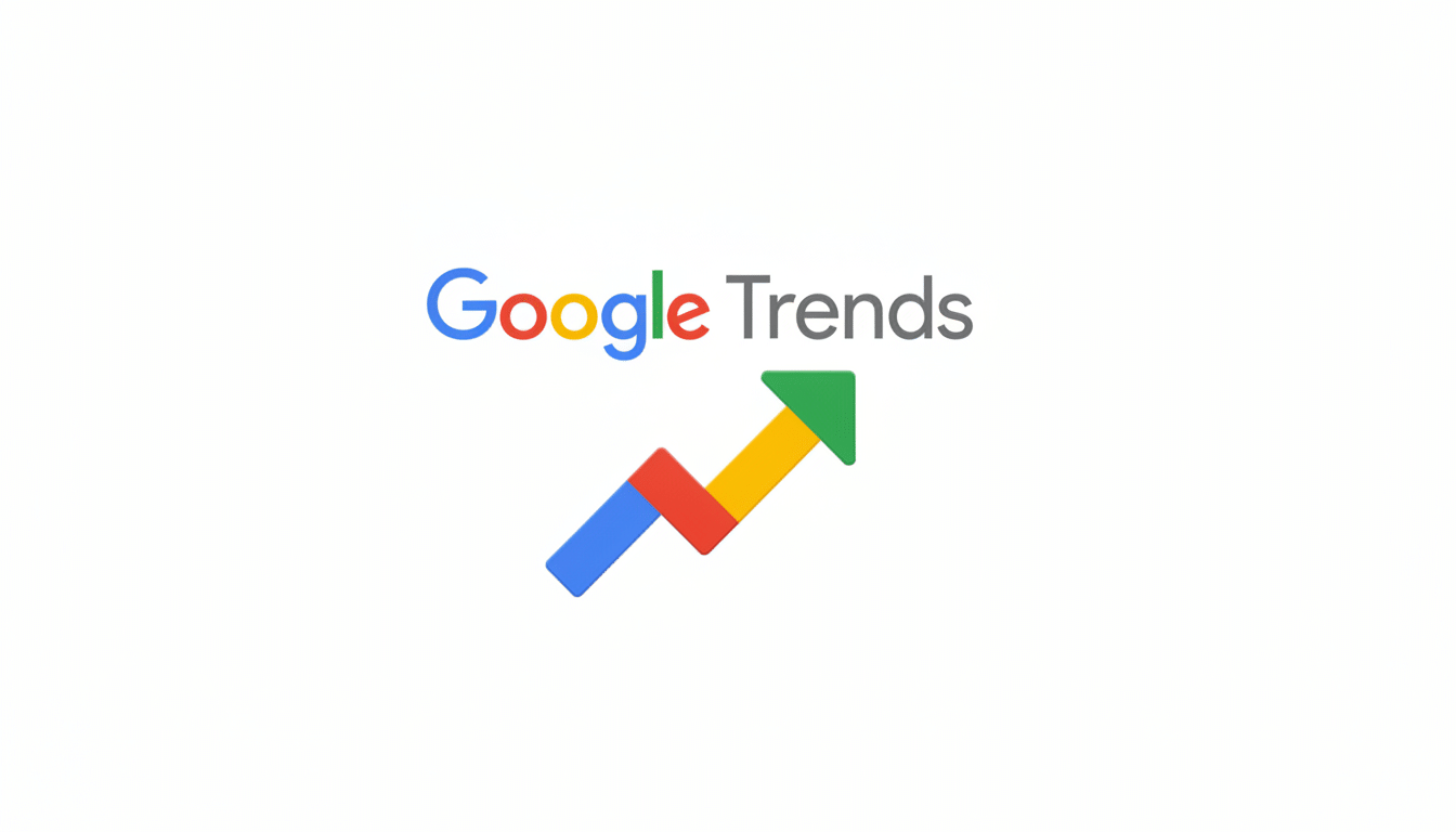 The Google Trends logo, featuring the word Google in its signature multi-color font and Trends in gray, with a colorful upward-pointing arrow graph icon below it, all set against a clean white background.